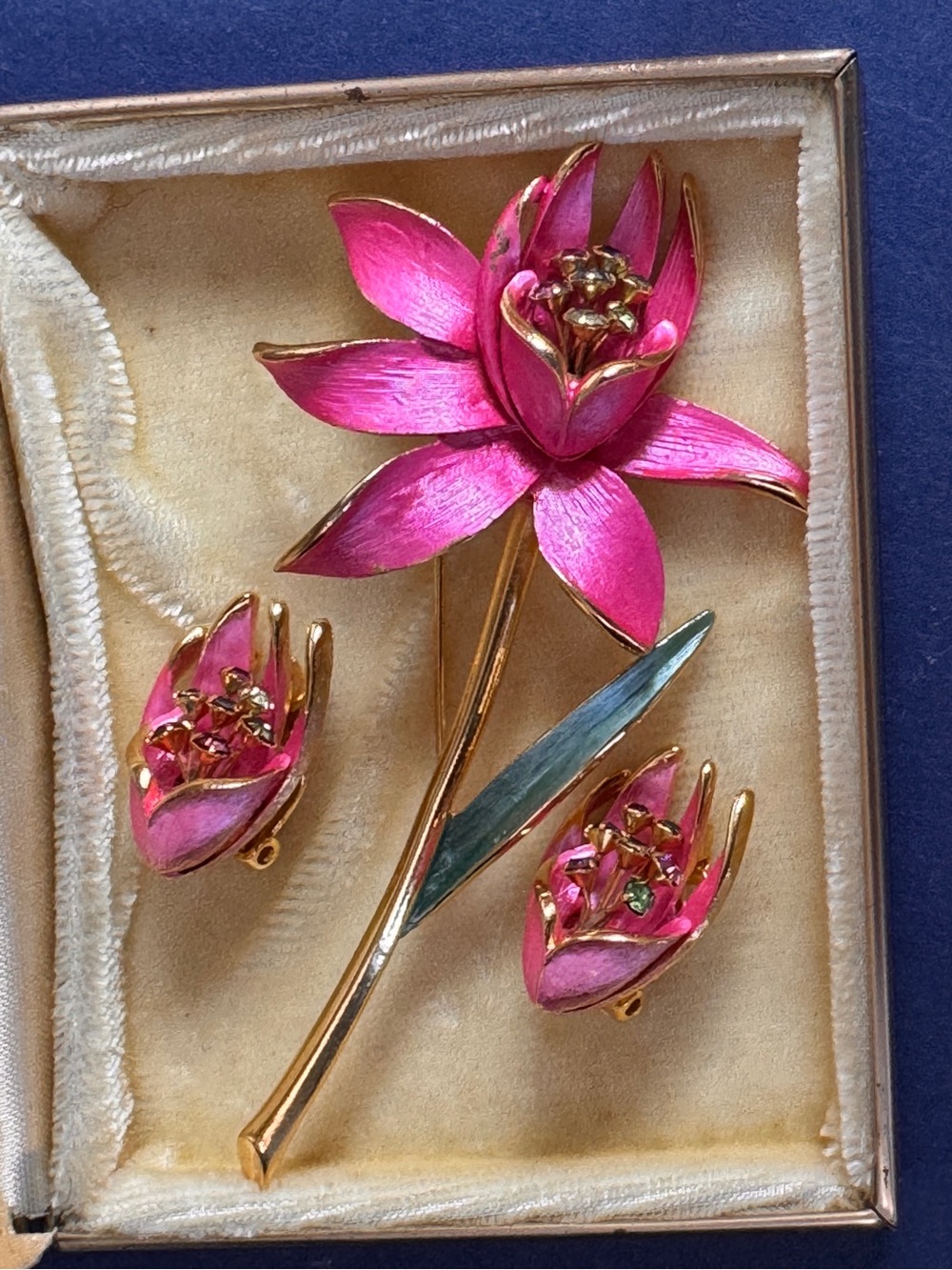 Park Lane Gold-Tone Pink Floral Brooch with Matching Clip-On Earrings